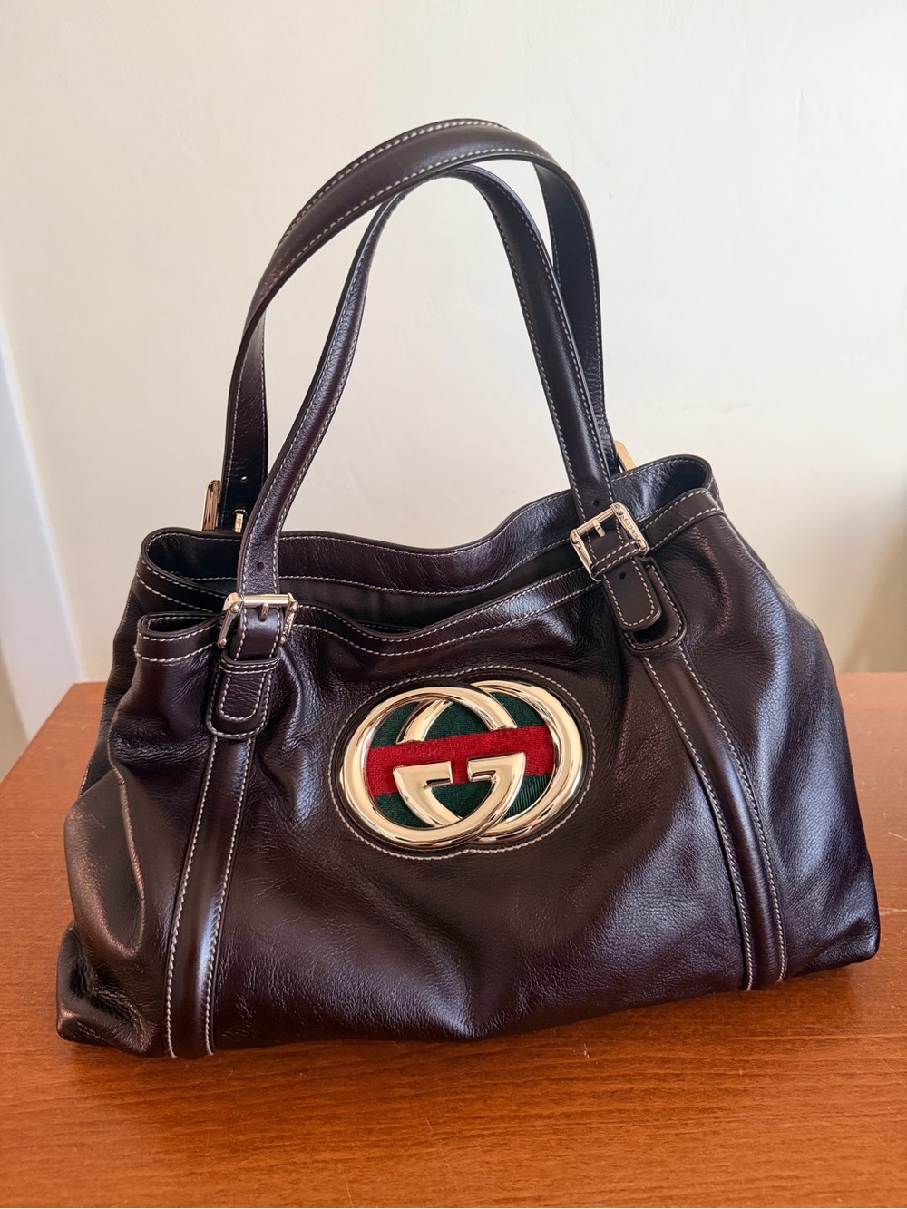Gucci Britt Medium Brown Leather Web GG Logo Tote 162094 213317